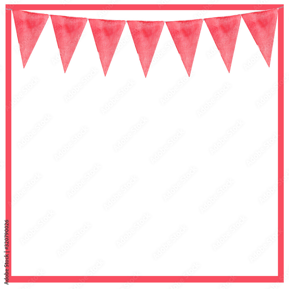 Fototapeta premium watercolor garland of red flags frame. Template for greeting card, banner. holiday. copy space for text