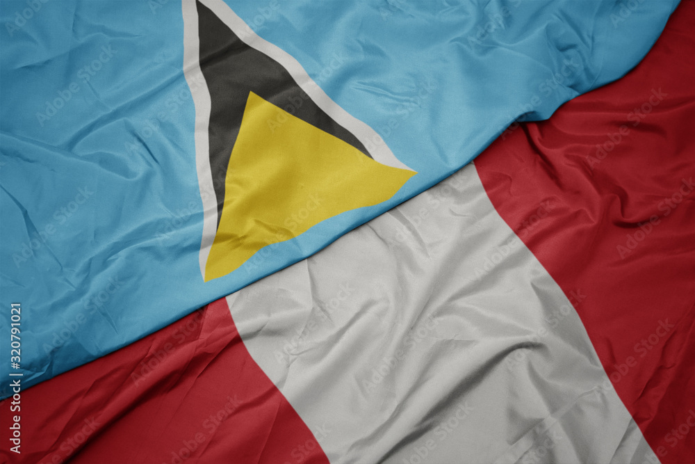 waving colorful flag of peru and national flag of saint lucia.