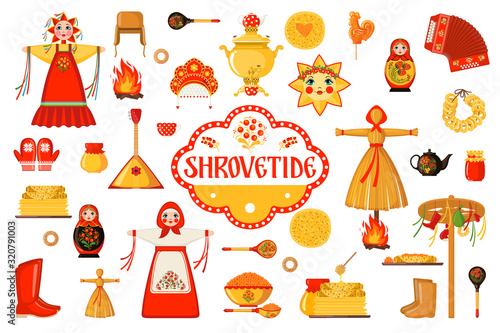 Vector Set of Maslenitsa icons in flat style isolated on white background.