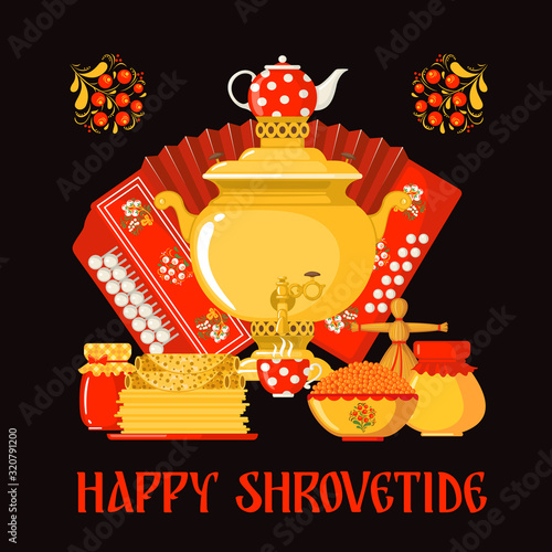 Maslenitsa or Shrovetide vector greeting card in flat style on dark background.