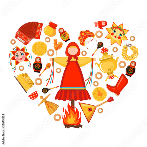 Maslenitsa or Shrovetide vector greeting card in heart shape in flat style isolated on white background.