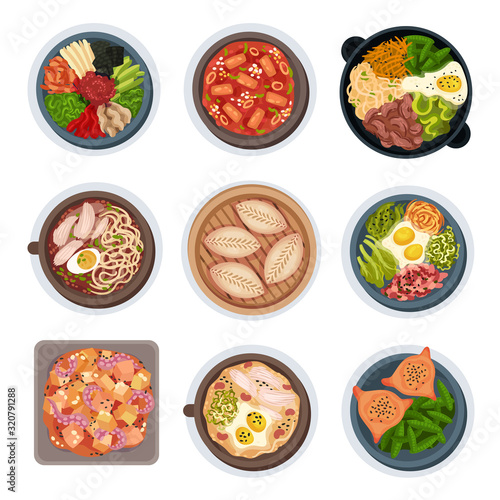 Korean Food Layouts Top View Vector Illustrations Set
