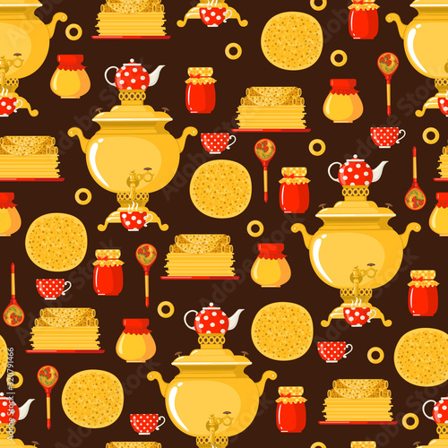Maslenitsa or Shrovetide vector seamless pattern in flat style on brown background.