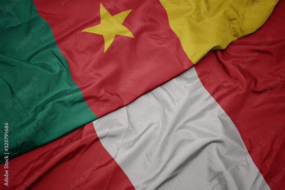 waving colorful flag of peru and national flag of cameroon. waving colorful flag of peru and national flag of cameroon.