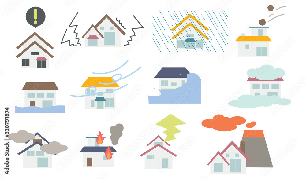 災害と家のイラスト セット シンプル Stock Vector Adobe Stock