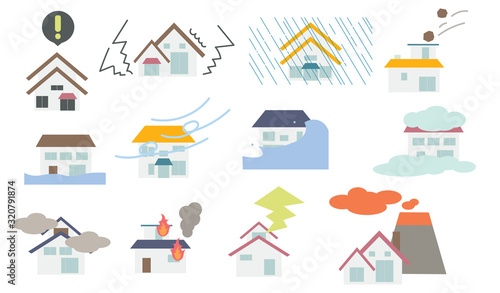 災害と家のイラスト　セット　シンプル