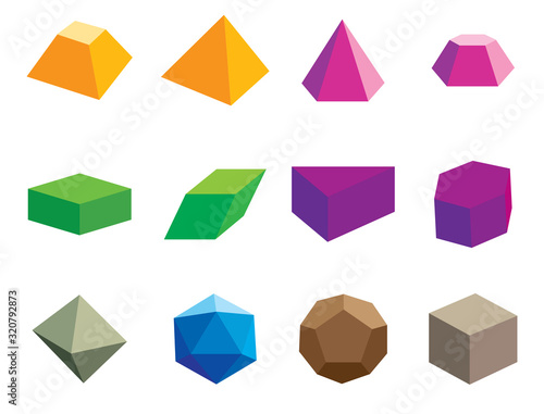 Set of volumetric geometrical colored shapes, polyhedron