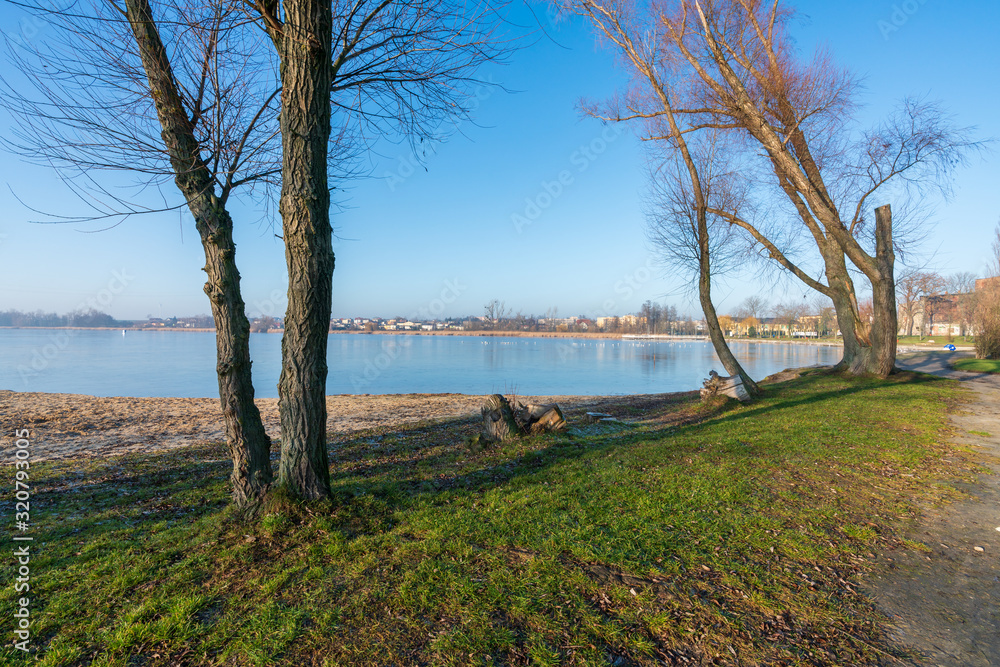 A large pier on a small lake in the city of Znin A large pier on a small lake in the city of Znin