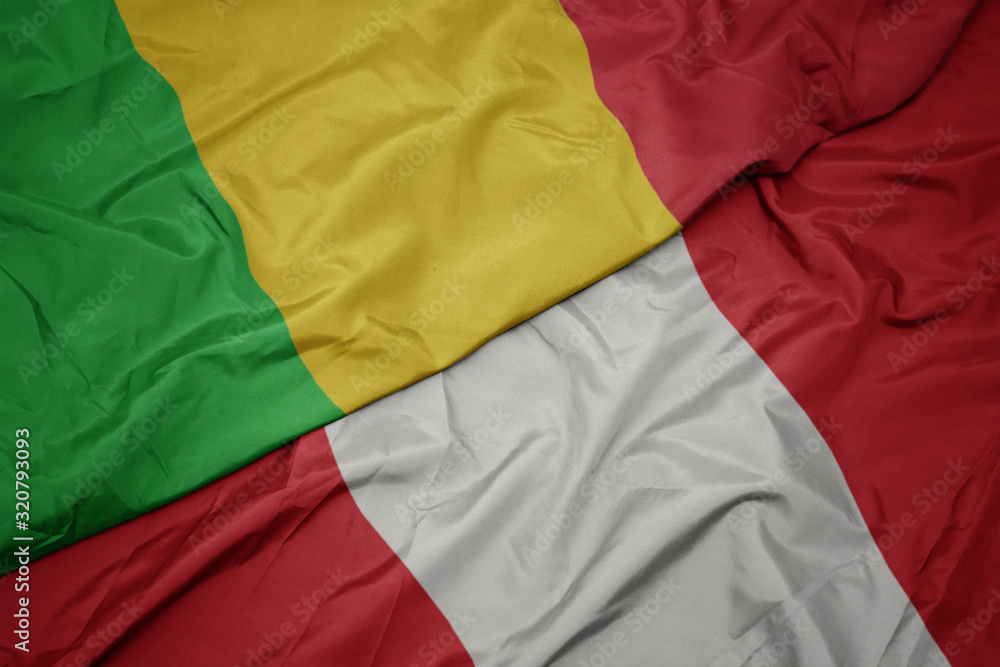 waving colorful flag of peru and national flag of mali. waving colorful flag of peru and national flag of mali.