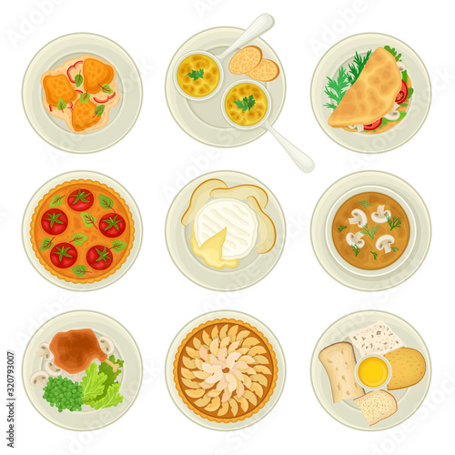 French Food and Dishes Served on Plates Top View Vector Set