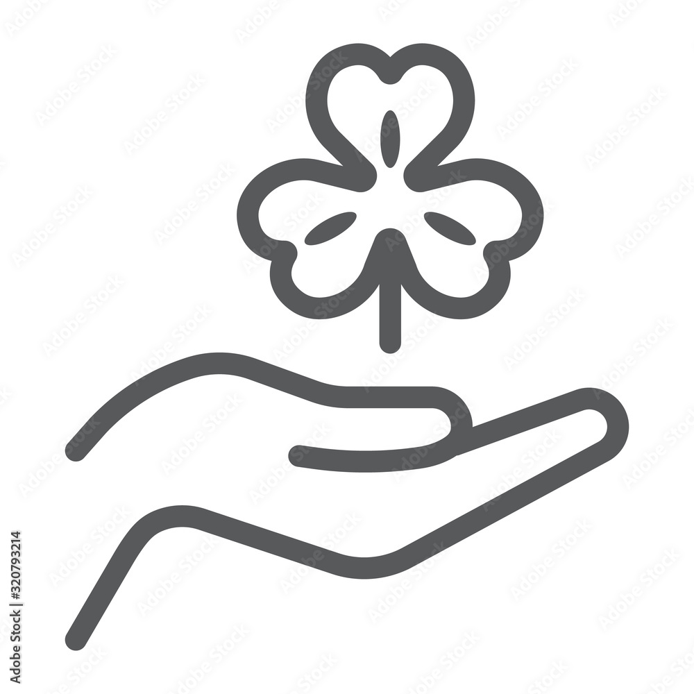 Hand hold lucky clover line icon, st patrick's day and holiday, hand holding clover sign, vector graphics, a linear pattern on a white background, eps 10. Hand hold lucky clover line icon, st patrick's day and holiday, hand holding clover sign, vector graphics, a linear pattern on a white background, eps 10.