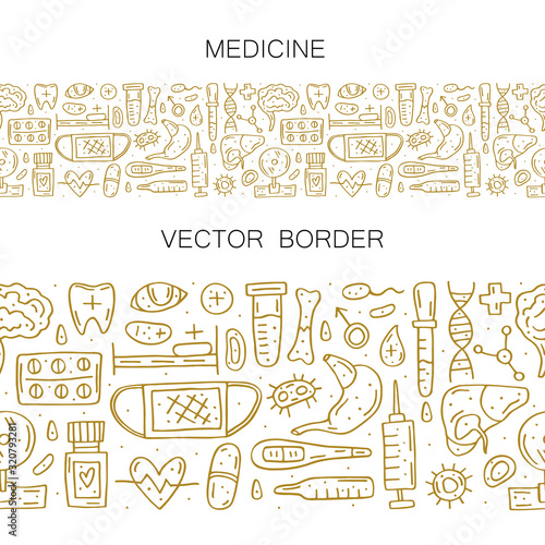 Medicine equipment, human organs, pills and blood elements cartoon doodle hand drawn vector seamless border, pattern, texture, background. Golden cute design. Isolated on white background.