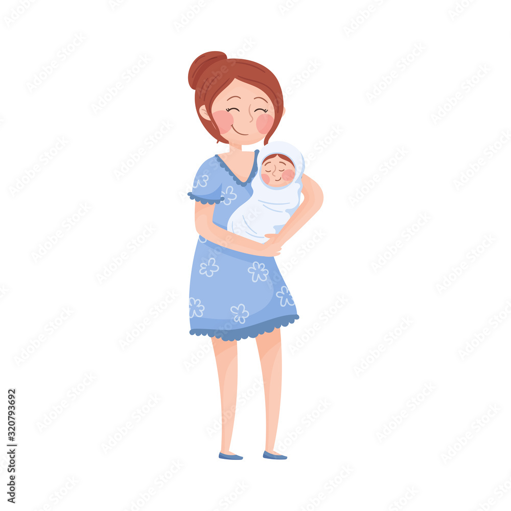 Mom and Her Kid Vector Illustration. Young Mother Holding Her Baby in Arms and Embracing Mom and Her Kid Vector Illustration. Young Mother Holding Her Baby in Arms and Embracing