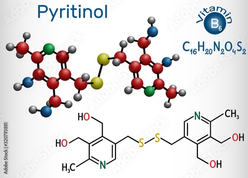 Pyritinol molecule, pyridoxine disulfide, pyrithioxine, is a vitamin B6. Structural chemical formula and molecule model. Vector illustration