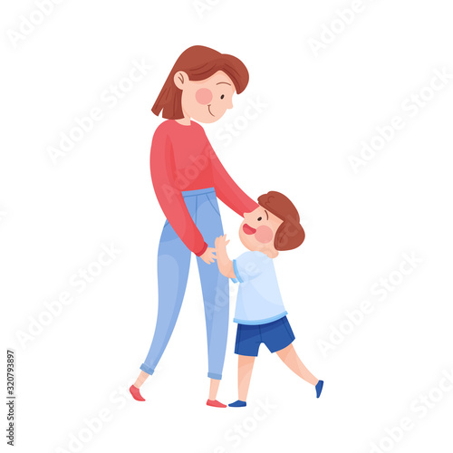 Mom and Her Kid Spending Time Together Vector Illustration. Young Mother and Her Son Having a Walk