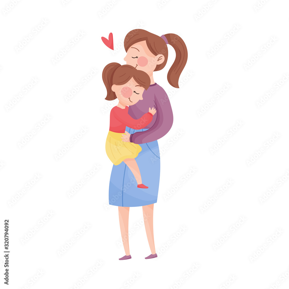 Mom and Her Kid Vector Illustration. Young Mother Holding Her Baby in Arms and Embracing Mom and Her Kid Vector Illustration. Young Mother Holding Her Baby in Arms and Embracing