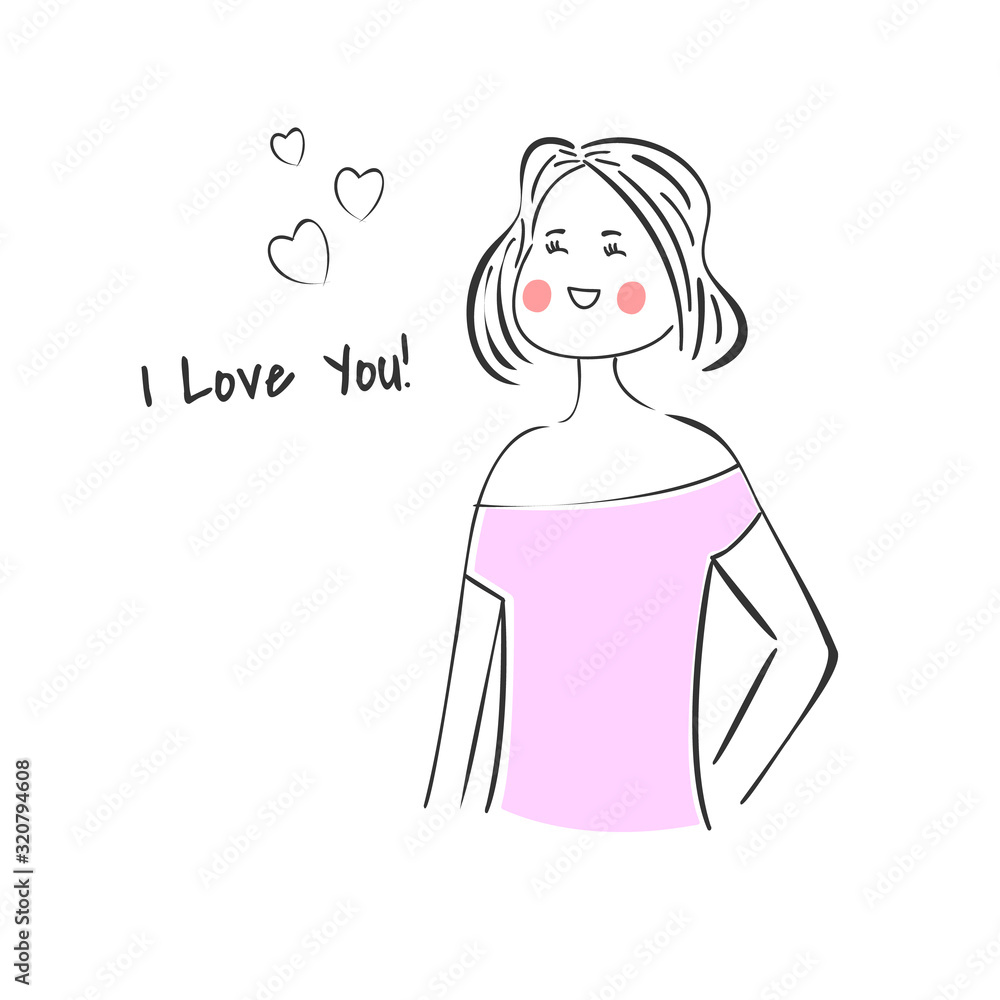 Hand-drawn beautiful girl smiling with hearts. Greeting card. Hand-drawn beautiful girl smiling with hearts. Greeting card.