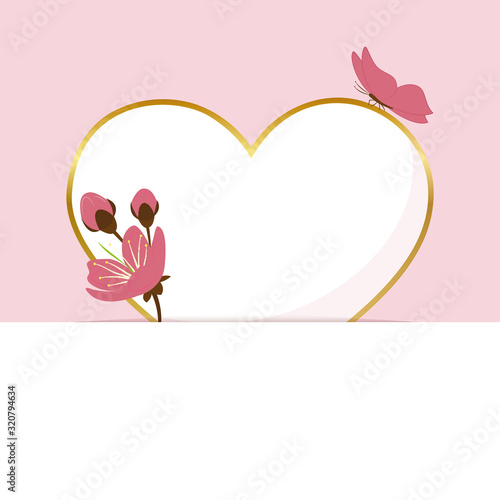 paper heart pink greeting card with cherry blossom and butterfly vector illustration EPS10