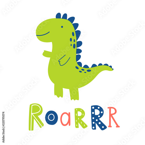 Dinosaur cute vector illustration with lettering roar. Cute cartoon character in childish doodle style. Hand drown set with dino collection