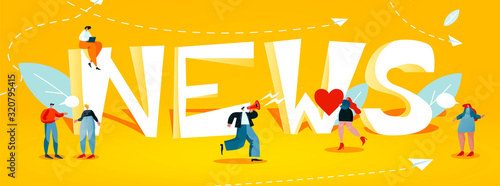 People communicate. Young men and women are standing near big white letters. Flat design of broadcasting on a yellow background. News concept vector illustration EPS 10