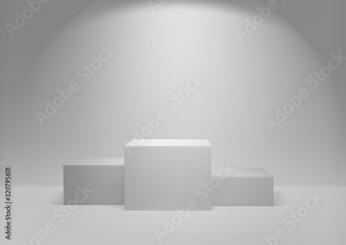 White winners podium 3D render. Awarding of winners of sports competitions. Square realistic pedestal. Vector Illustration.