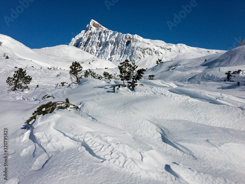 A thick blanket of frozen snow covers the slopes towards the San Bernardino pass in Switzerland. photo