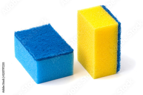 Blue and yellow Sponge for dishes washing isolated on white