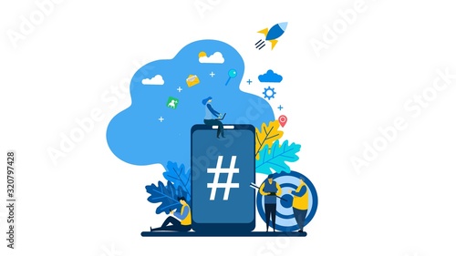 Website or landing page of phone with hashtag sign,Tiny People Character Concept Vector Illustration, Suitable For Wallpaper, Background, Card, banner,Book Illustration, Web Landing Page