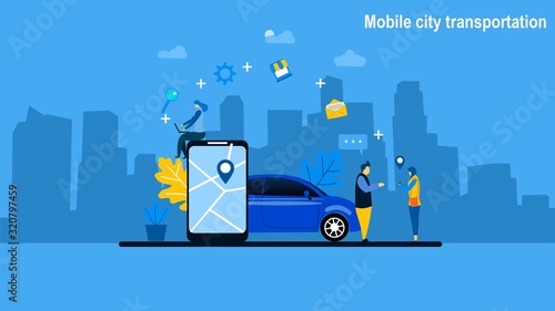Mobile city transportation Tiny People Character Concept Vector Illustration, Suitable For Wallpaper, Banner, Background, Card, Book Illustration, Web Landing Page