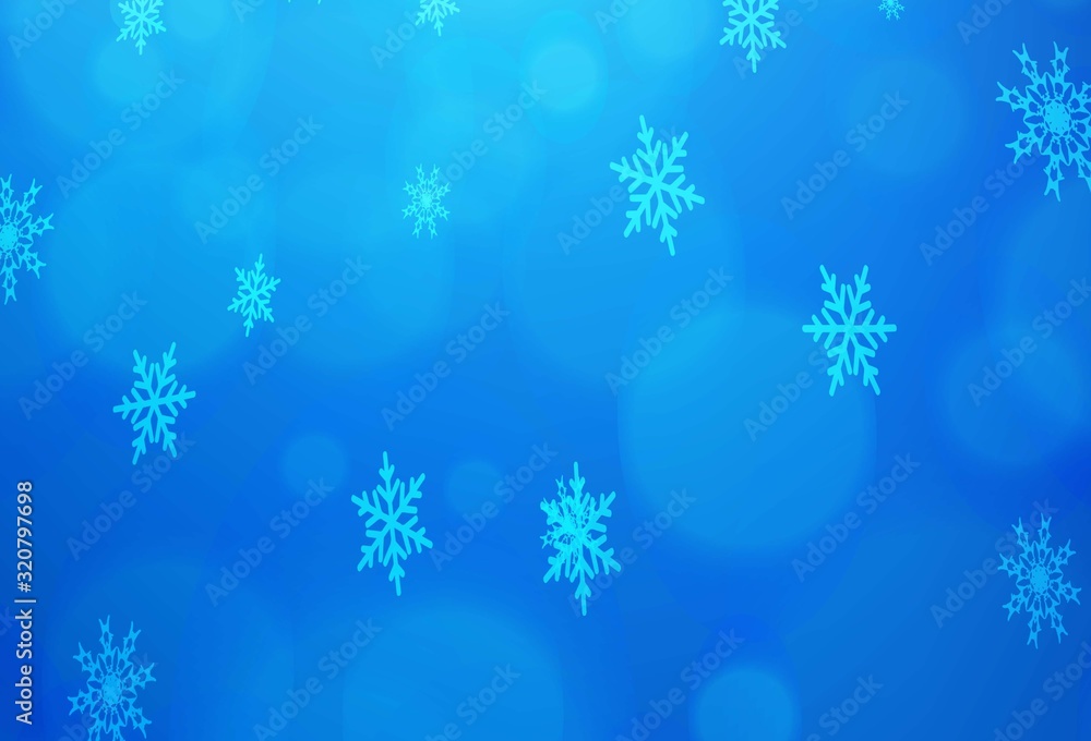Dark BLUE vector cover with beautiful snowflakes. Snow on blurred abstract background with gradient. The pattern can be used for year new  websites.