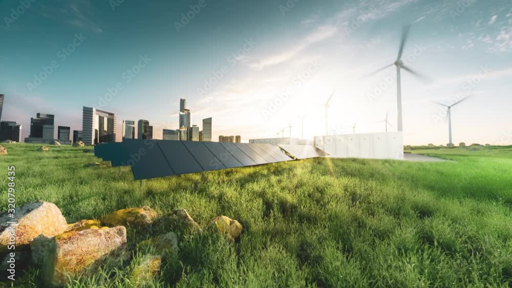 Smart grid renewable energy system solution for future smart cities at sunset. 3d rendering clip. Smart grid renewable energy system solution for future smart cities at sunset. 3d rendering clip.