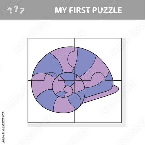 Kids entertaining game with a sea shell puzzle piece in a vector illustration of marine life - my first puzzle