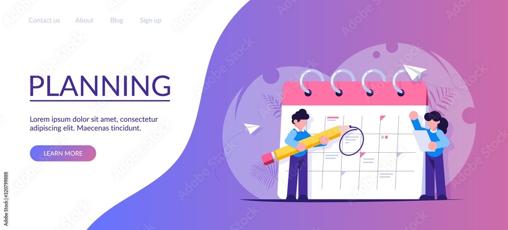 Concept of planning tasks for the week, month. Employees with a pencil and a list of tasks are near the calendar, the scheduler. Man and woman make up a business plan. Modern flat illustration.