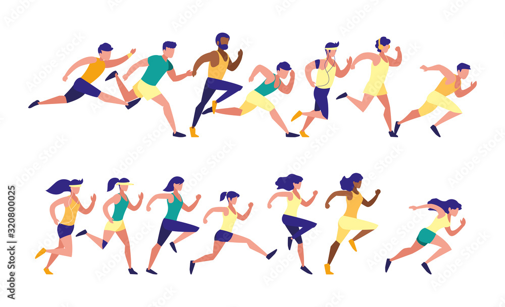 Women and men running set vector design