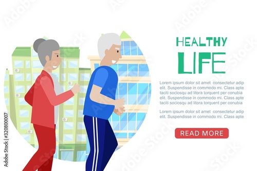 Healthy life eldery couple web template vector illustration. Grandparents cartoon characters running in city and doing sport. Active retirement. Elderly couple jogging together website.
