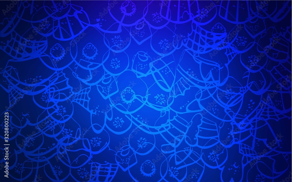 Obraz premium Dark BLUE vector cover with set of confections. Confections on blurred abstract background with colorful gradient. Design for ad, poster, banner of cafes or restaurants.