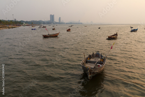 Bang Pra  Chonburi Thailand - January 18 2020   Many small Fishing boat in the sea.