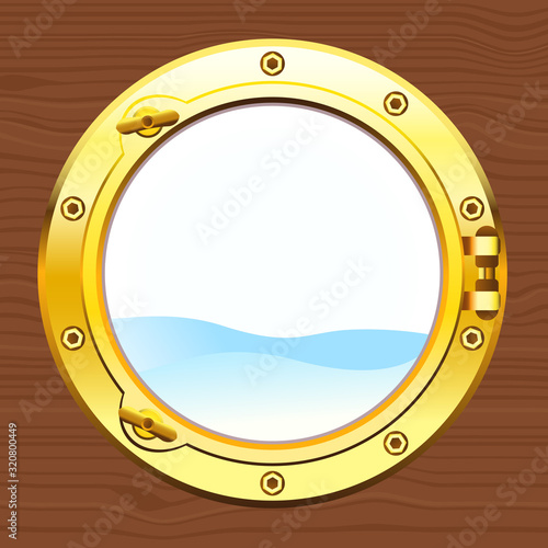 vector ship porthole on wooden background