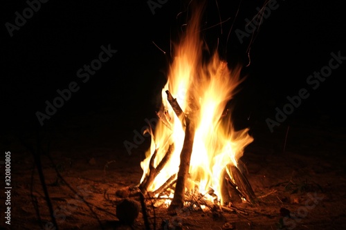 Wide shot of blazing flames from a bonfire, dark background