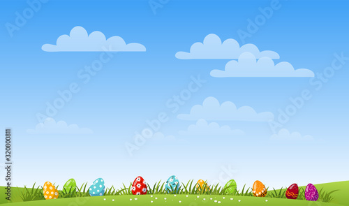 Modern easter background with place for text, decorated eggs on the grass. Spring holiday background. Flat cartoon vector illustration.