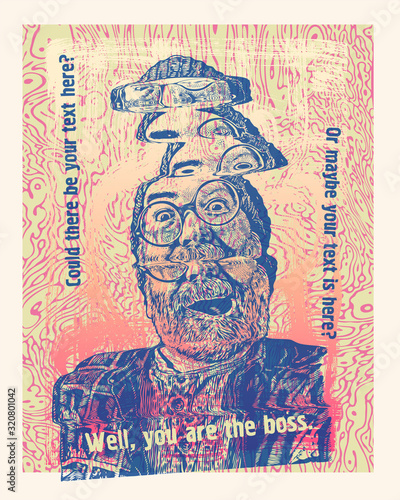 Modern Desing Poster Glith Abstract Background with  Grandfather In Round Glasses with a moustaches and gray beard. vector illustration