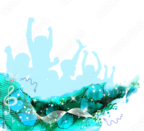 Abstraction disco. Silhouettes of dancing people. Mixed media. Vector illustration