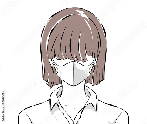 前髪で目を隠している立体マスクをした女性
