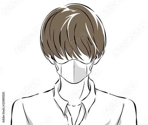 前髪で目を隠している立体マスクをした男性