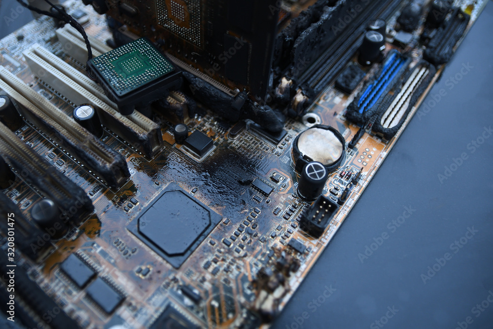 Desktop Computer Burned Damage after fire Burning CPU GPU video card, memory, chip , cooler Desktop Computer Burned Damage after fire Burning CPU GPU video card, memory, chip , cooler