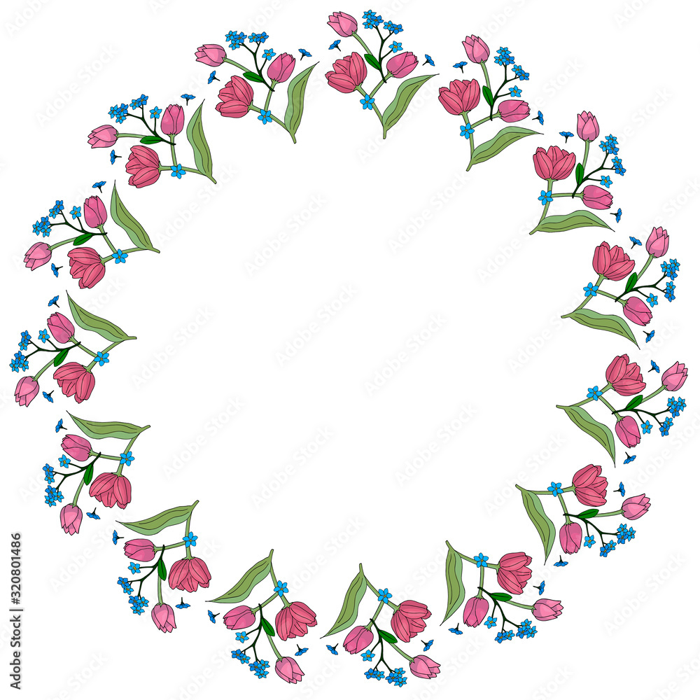 Round frame with vertical blue flowers forget-me-not and pink tulips on white background. Vector image. Round frame with vertical blue flowers forget-me-not and pink tulips on white background. Vector image.