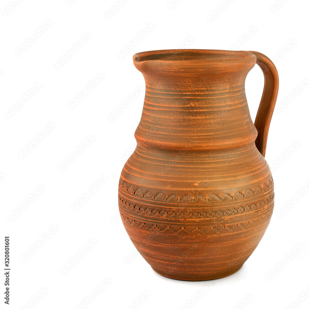 Clay jug Isolated on a white background. There is free space for your text.