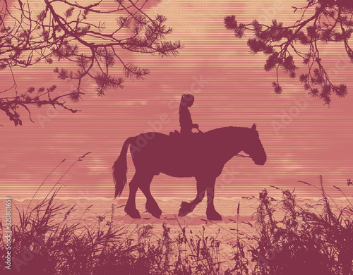 A girl riding a horse rides along the seashore at sunset. Composition of silhouettes. Vector illustration.