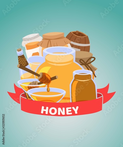 Honey natural products cartoon vector illustration. Wooden barrel and jars of different sorts of honey and honeycomb. Natural floral honey poster for stores and shops.