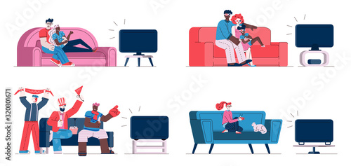 People watching TV on sofa - isolated set of couples, sport fans and girl